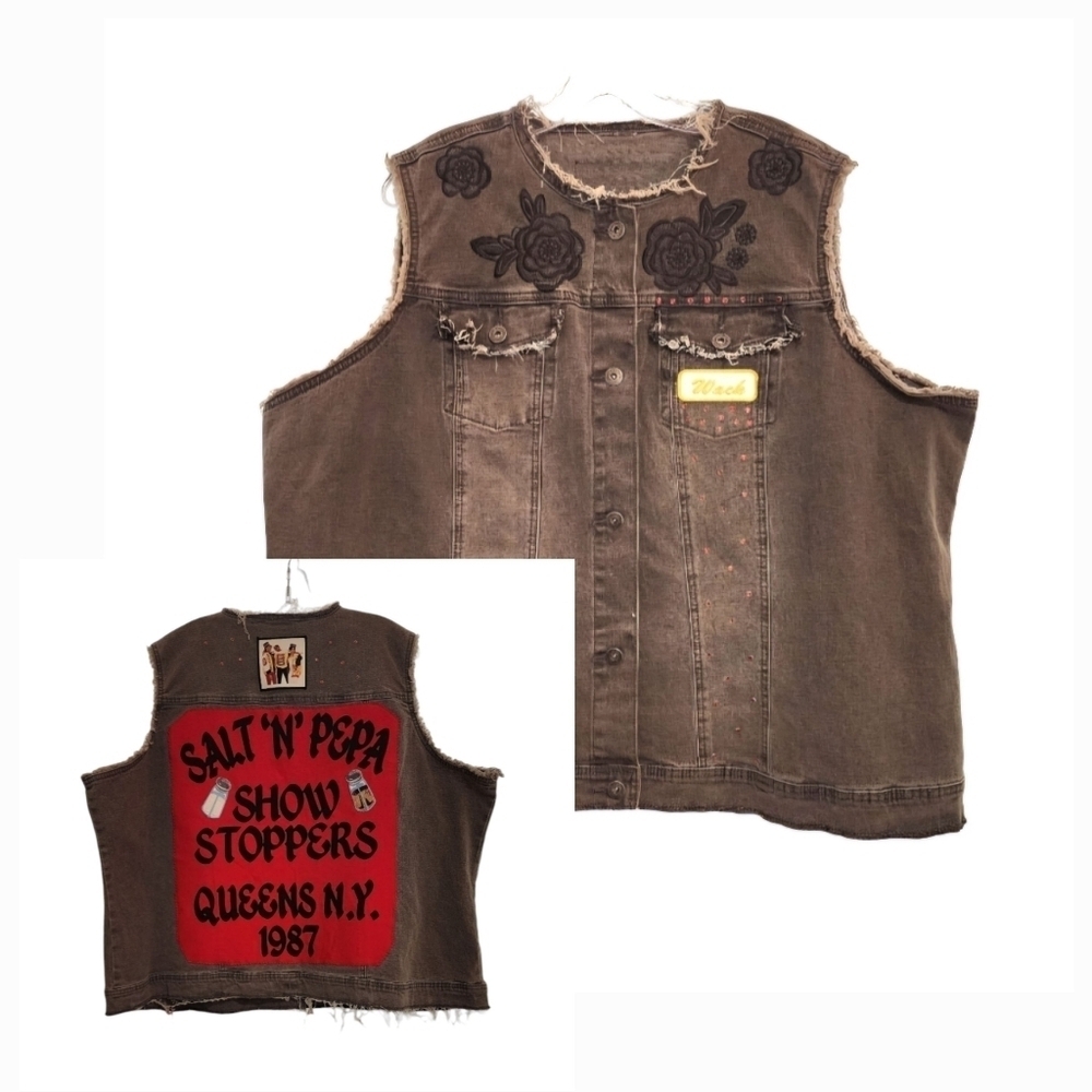 Upcycled RARE Salt 'N Pepa Gray Distressed Sleeveless Denim Jean Jacket, Size 3X